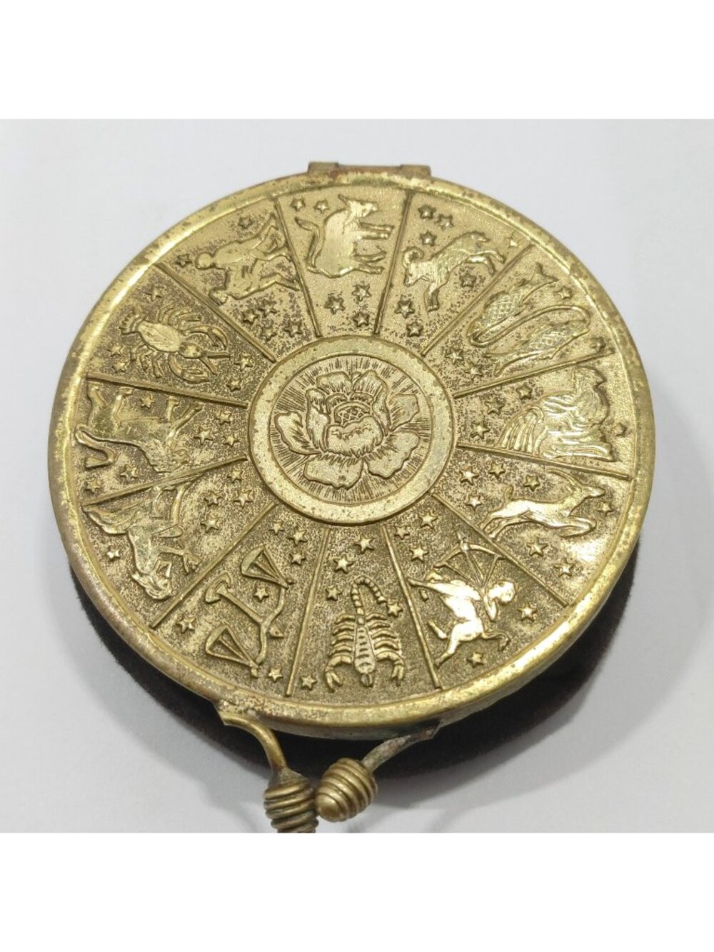 Antique Zodiac Brass Coin Pouch Collapsible Leather Velvet Base Handmade Italy